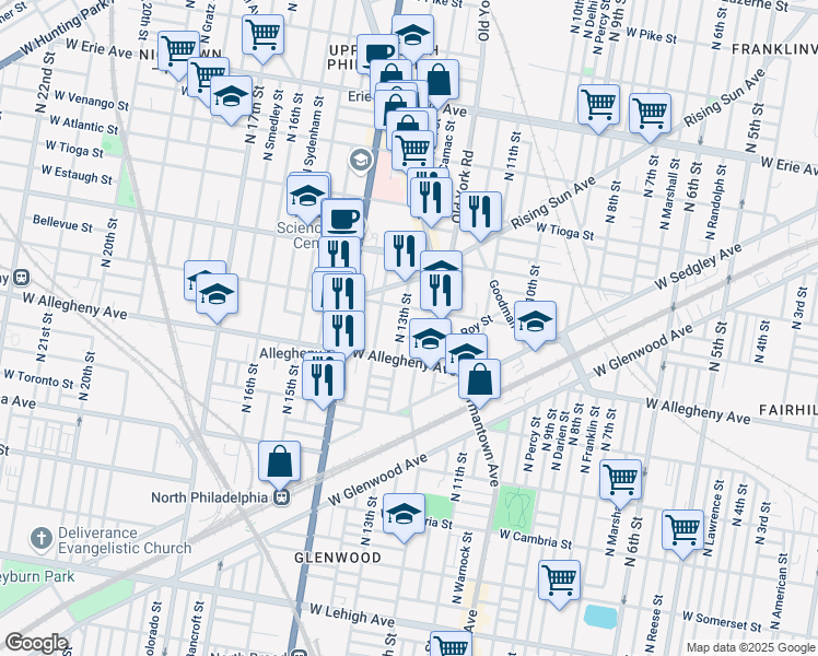 map of restaurants, bars, coffee shops, grocery stores, and more near 1239 West Hilton Street in Philadelphia