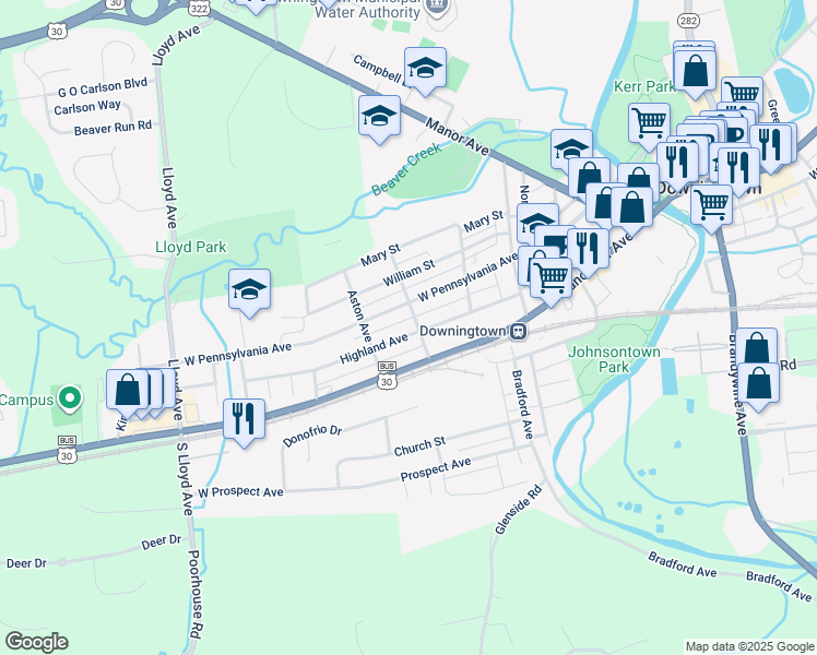 map of restaurants, bars, coffee shops, grocery stores, and more near 309 Highland Avenue in Downingtown