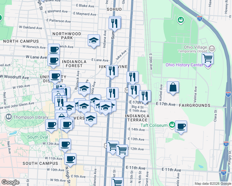 map of restaurants, bars, coffee shops, grocery stores, and more near 303 East 18th Avenue in Columbus