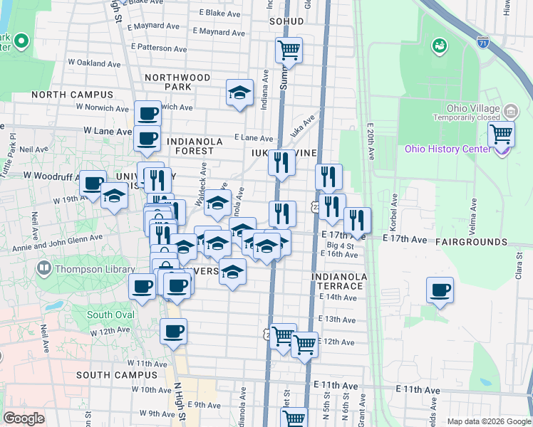 map of restaurants, bars, coffee shops, grocery stores, and more near in Columbus