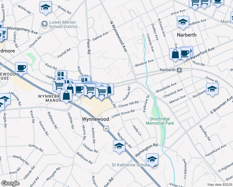 map of restaurants, bars, coffee shops, grocery stores, and more near 150 East Wynnewood Road in Wynnewood