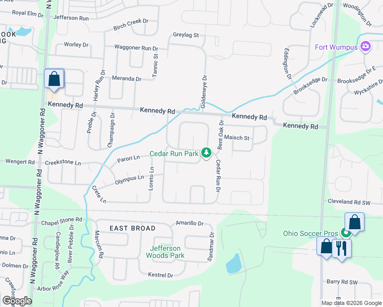 map of restaurants, bars, coffee shops, grocery stores, and more near 719 Cedar Run Drive in Blacklick