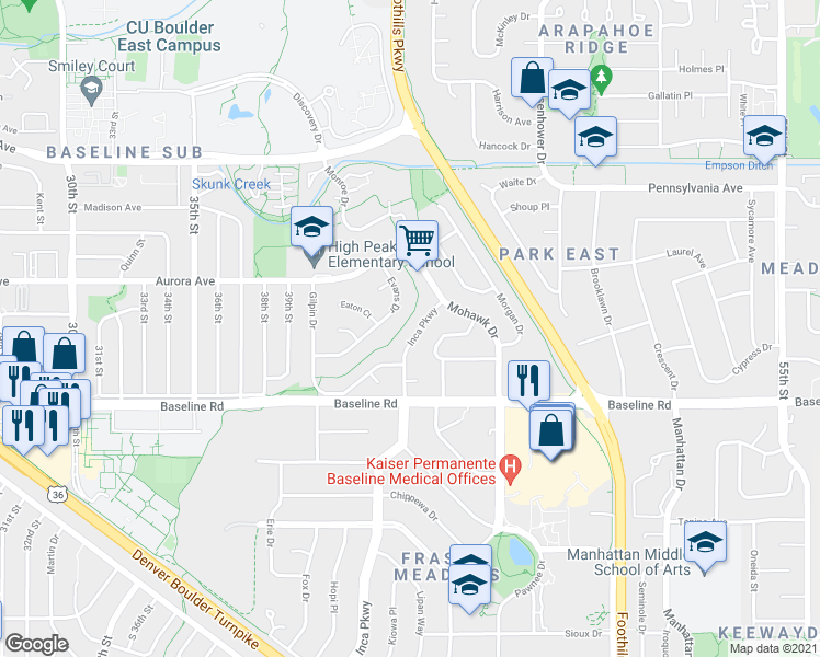 map of restaurants, bars, coffee shops, grocery stores, and more near 835 Inca Parkway in Boulder