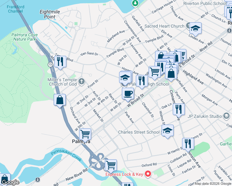 map of restaurants, bars, coffee shops, grocery stores, and more near 321 West 5th Street in Palmyra