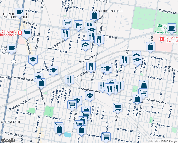 map of restaurants, bars, coffee shops, grocery stores, and more near 512 West Glenwood Avenue in Philadelphia
