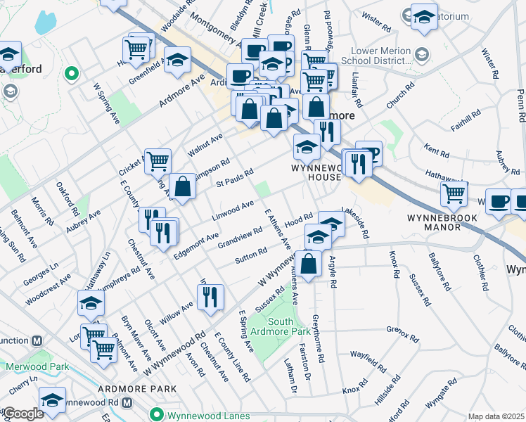 map of restaurants, bars, coffee shops, grocery stores, and more near 214 East Athens Avenue in Ardmore