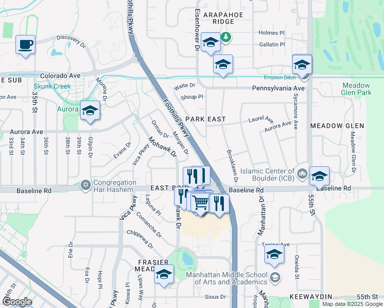 map of restaurants, bars, coffee shops, grocery stores, and more near 730 Morgan Drive in Boulder