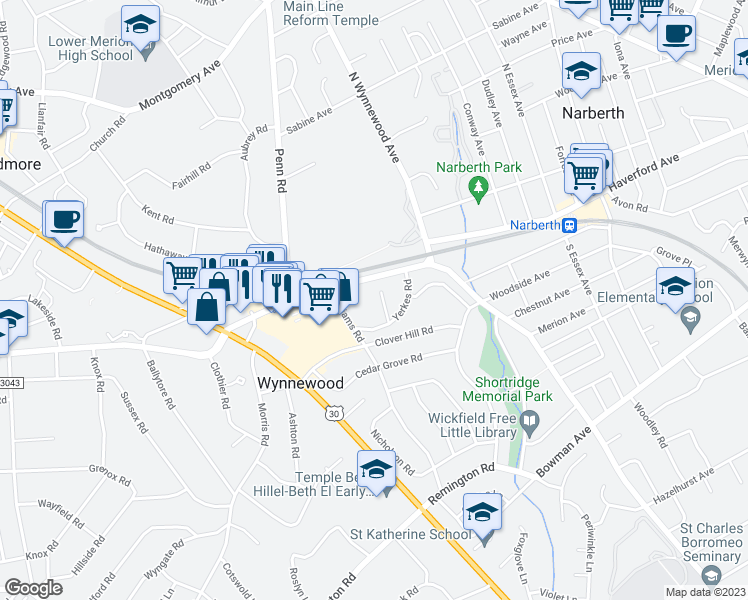 map of restaurants, bars, coffee shops, grocery stores, and more near 25 Yerkes Road in Wynnewood