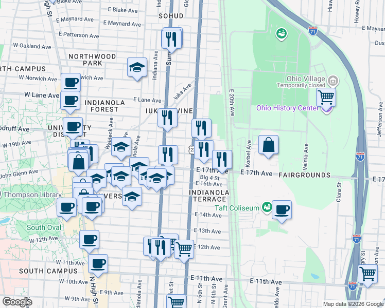 map of restaurants, bars, coffee shops, grocery stores, and more near N 4th St & E 18th Ave in Columbus