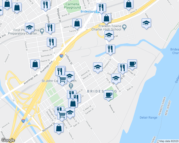 map of restaurants, bars, coffee shops, grocery stores, and more near 4533 Almond Street in Philadelphia