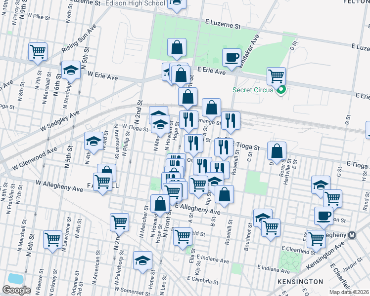map of restaurants, bars, coffee shops, grocery stores, and more near 3422 North Water Street in Philadelphia