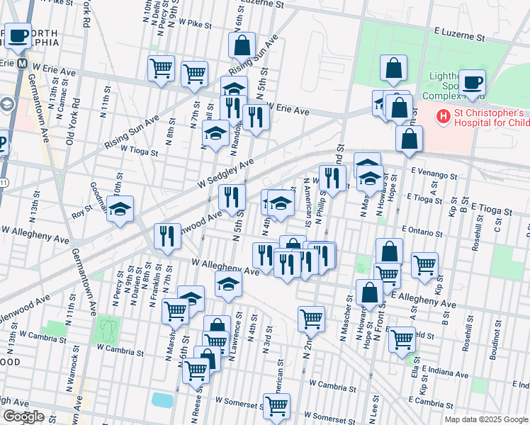 map of restaurants, bars, coffee shops, grocery stores, and more near 3330 North 4th Street in Philadelphia