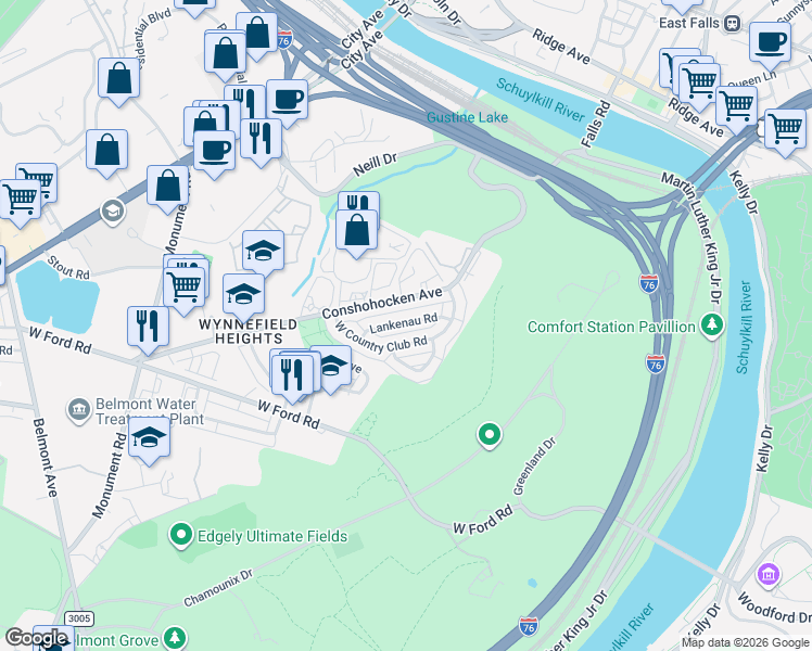 map of restaurants, bars, coffee shops, grocery stores, and more near 3751 West Country Club Road in Philadelphia