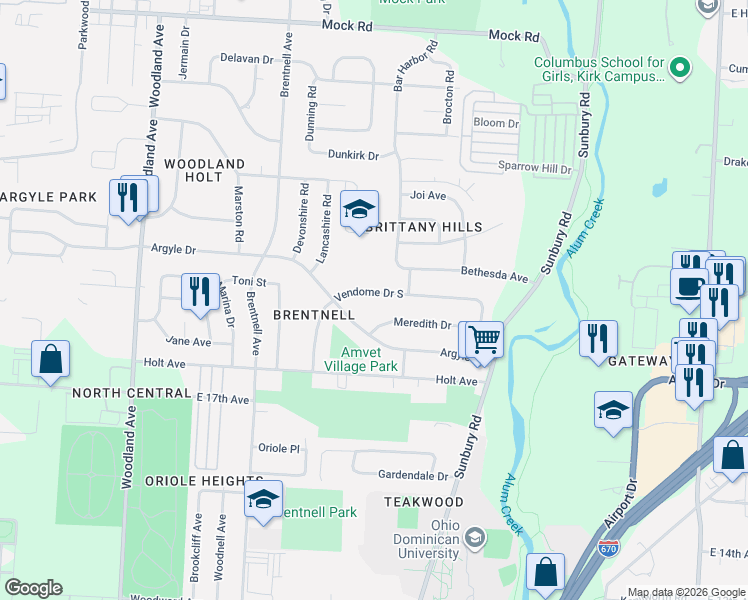 map of restaurants, bars, coffee shops, grocery stores, and more near 2373 Vendome Drive South in Columbus