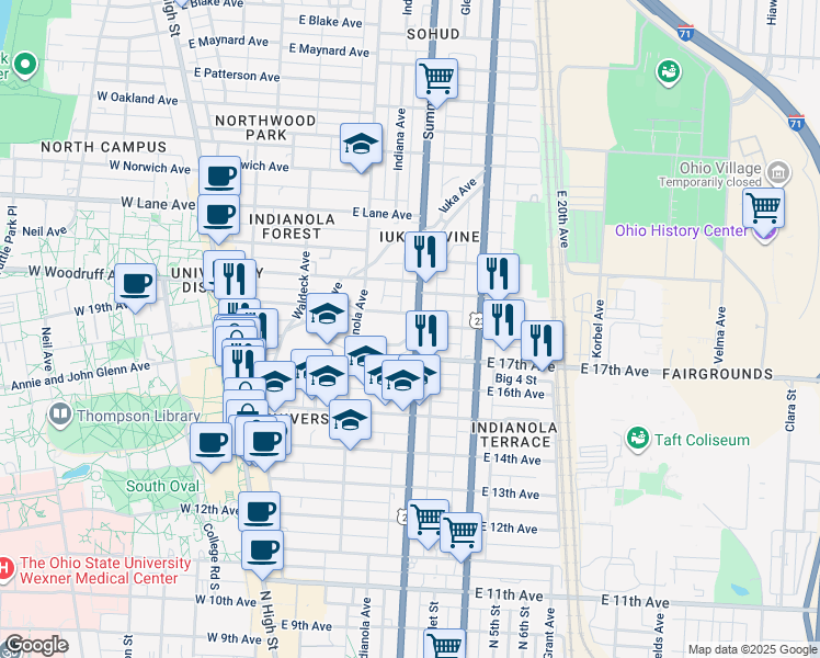 map of restaurants, bars, coffee shops, grocery stores, and more near in Columbus