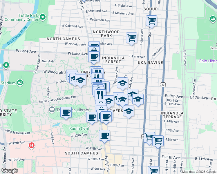 map of restaurants, bars, coffee shops, grocery stores, and more near 51 East 17th Avenue in Columbus