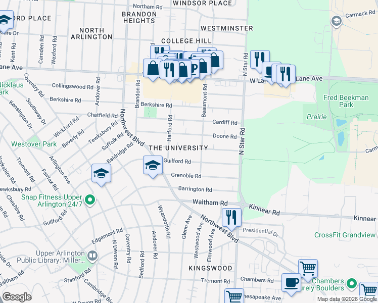 map of restaurants, bars, coffee shops, grocery stores, and more near 1600 Guilford Road in Columbus