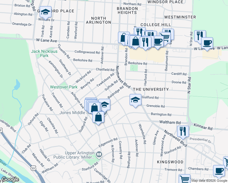 map of restaurants, bars, coffee shops, grocery stores, and more near 1870 Baldridge Road in Columbus