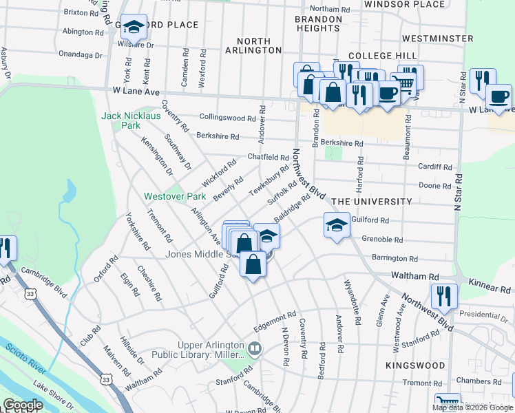 map of restaurants, bars, coffee shops, grocery stores, and more near 1938 Suffolk Road in Columbus