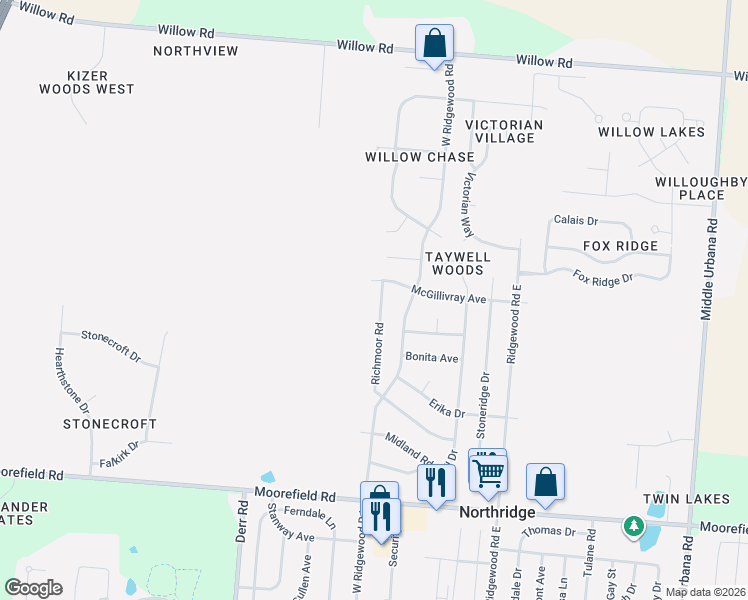 map of restaurants, bars, coffee shops, grocery stores, and more near 5419 Richmoor Road in Springfield