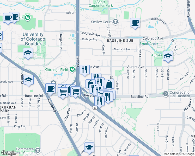 map of restaurants, bars, coffee shops, grocery stores, and more near 2950 Bixby Lane in Boulder