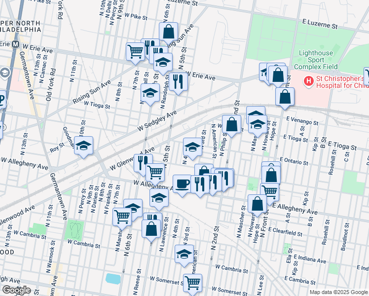 map of restaurants, bars, coffee shops, grocery stores, and more near 3330 North 4th Street in Philadelphia