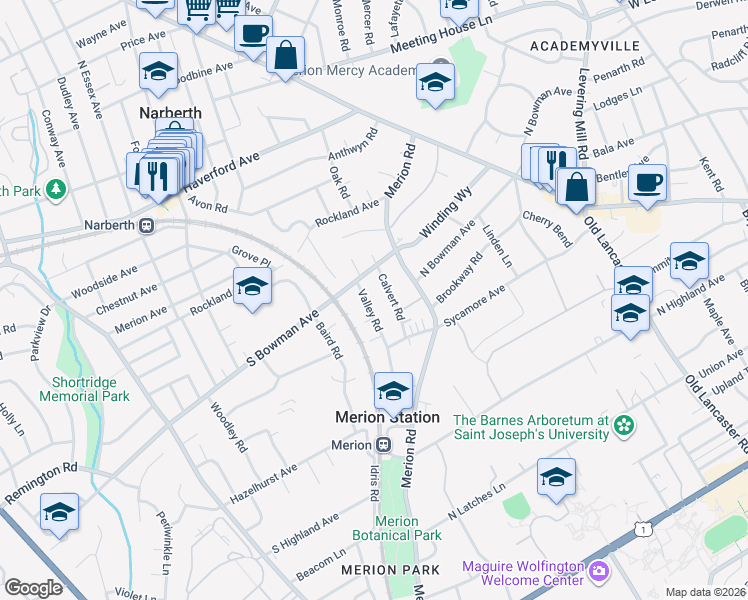 map of restaurants, bars, coffee shops, grocery stores, and more near 340 Valley Road in Merion Station