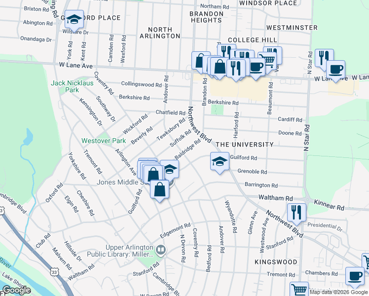 map of restaurants, bars, coffee shops, grocery stores, and more near 1870 Baldridge Road in Columbus