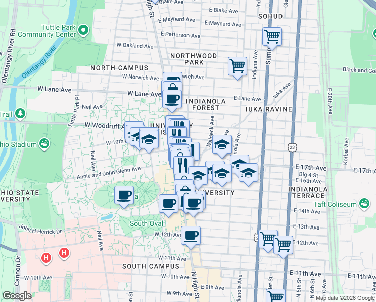 map of restaurants, bars, coffee shops, grocery stores, and more near 38 East 17th Avenue in Columbus