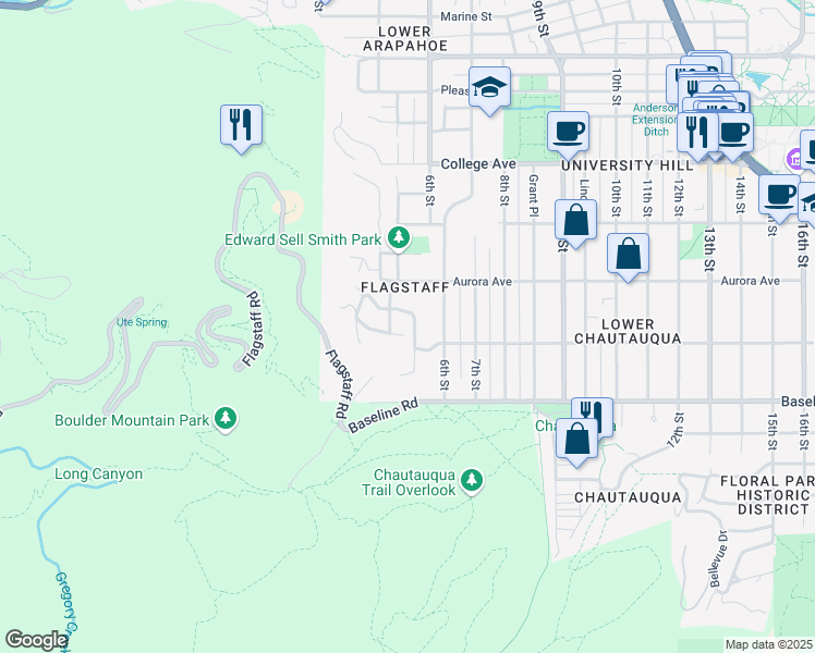 map of restaurants, bars, coffee shops, grocery stores, and more near 445 Christmas Tree Drive in Boulder