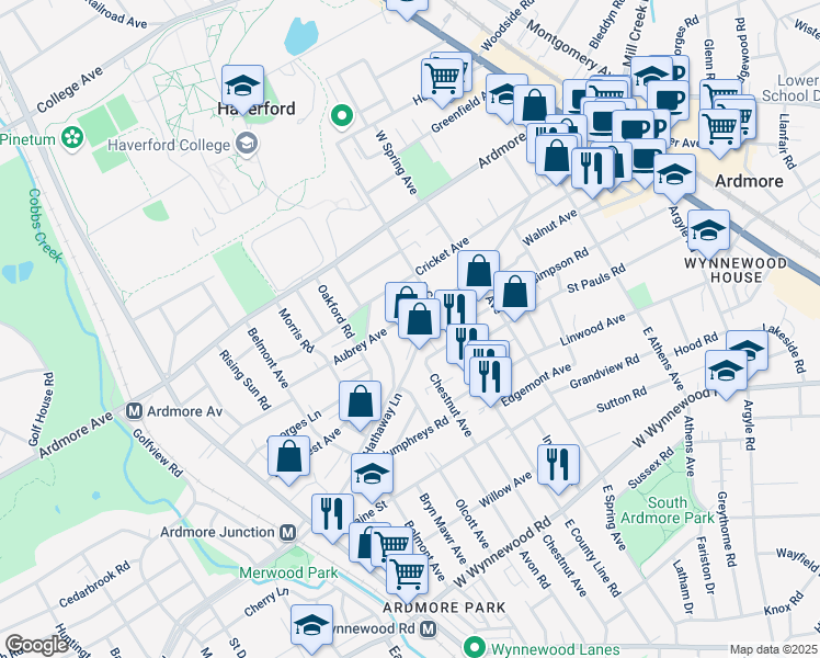 map of restaurants, bars, coffee shops, grocery stores, and more near 821 Aubrey Avenue in Ardmore