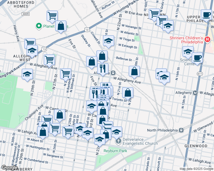 map of restaurants, bars, coffee shops, grocery stores, and more near 3126 North 22nd Street in Philadelphia