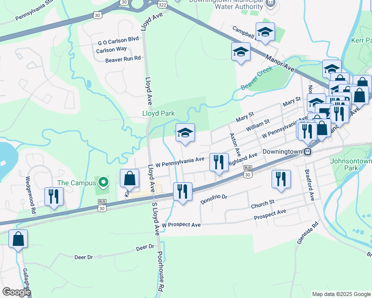map of restaurants, bars, coffee shops, grocery stores, and more near 601 West Pennsylvania Avenue in Downingtown