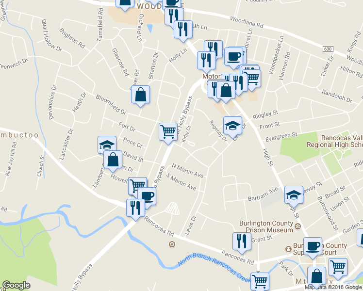 map of restaurants, bars, coffee shops, grocery stores, and more near 101 Kirby Court in Mount Holly