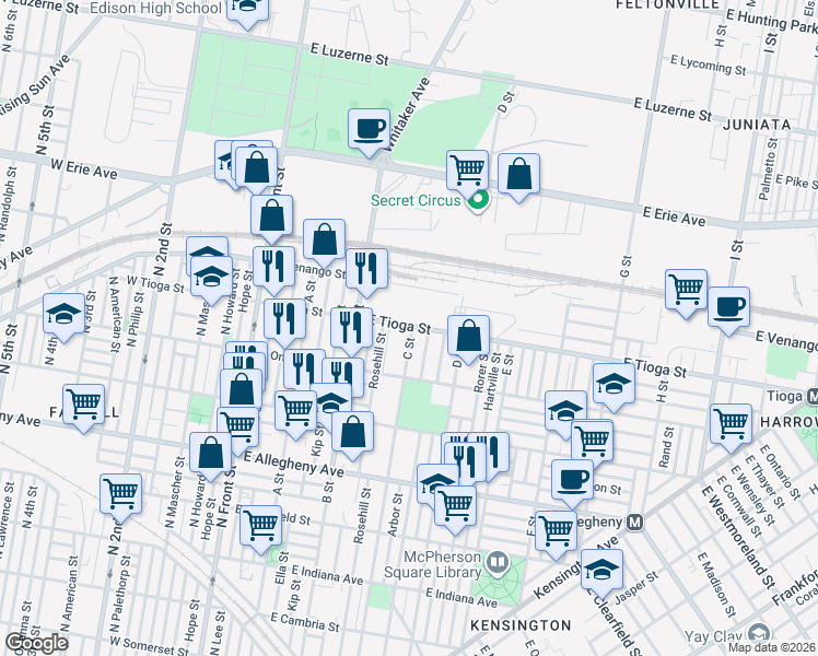 map of restaurants, bars, coffee shops, grocery stores, and more near 332 East Tioga Street in Philadelphia