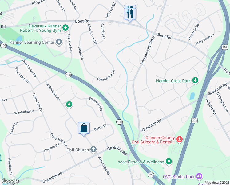 map of restaurants, bars, coffee shops, grocery stores, and more near 1243 Bridgewater Drive in West Chester