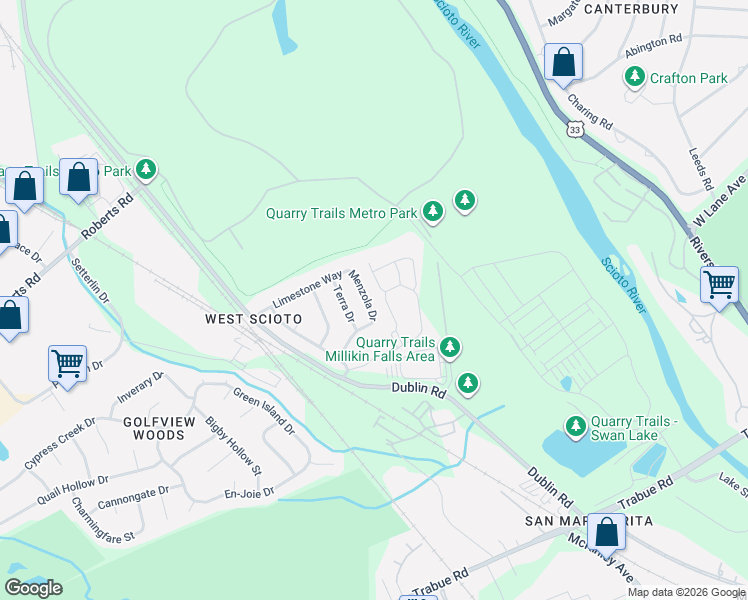 map of restaurants, bars, coffee shops, grocery stores, and more near 3114 Menzola Drive in Columbus