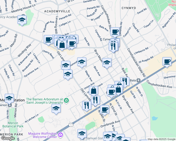 map of restaurants, bars, coffee shops, grocery stores, and more near 129 Maple Avenue in Bala Cynwyd