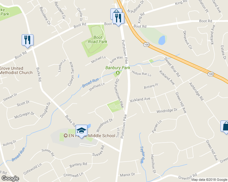 map of restaurants, bars, coffee shops, grocery stores, and more near 1366 Old Pottstown Pike in West Chester