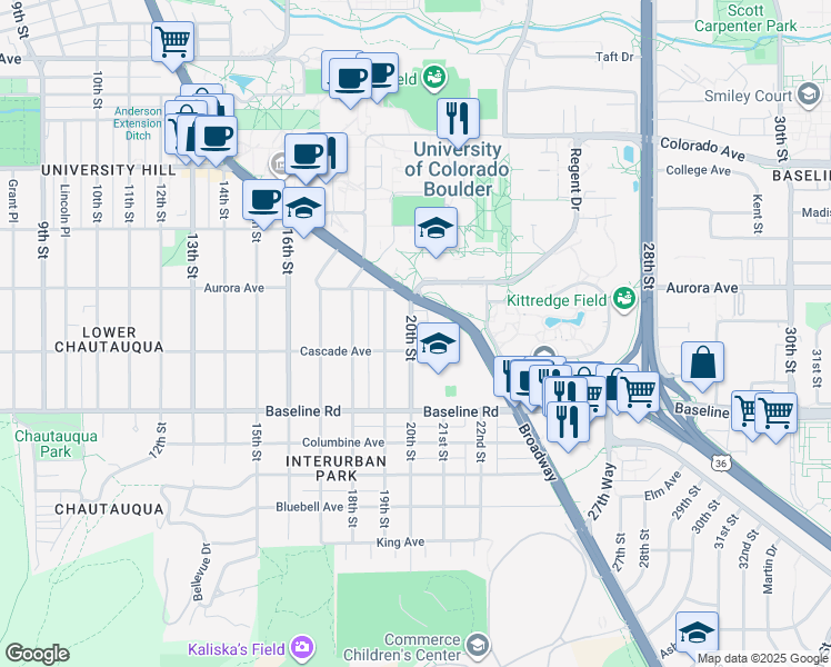 map of restaurants, bars, coffee shops, grocery stores, and more near 812 20th Street in Boulder