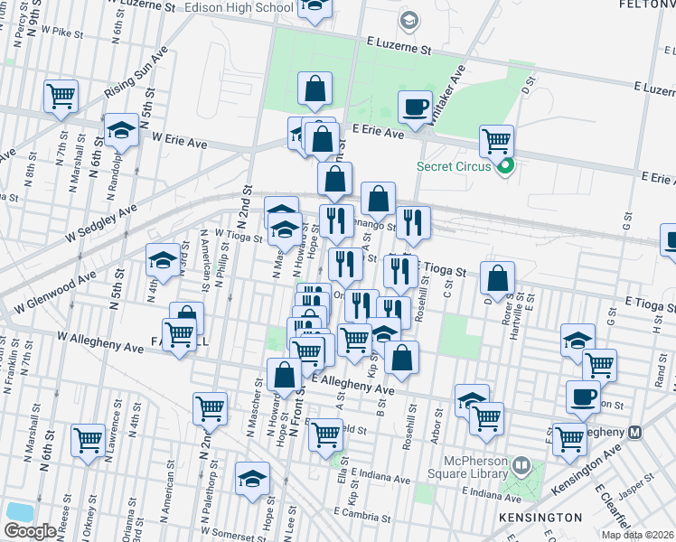 map of restaurants, bars, coffee shops, grocery stores, and more near 3422 North Water Street in Philadelphia