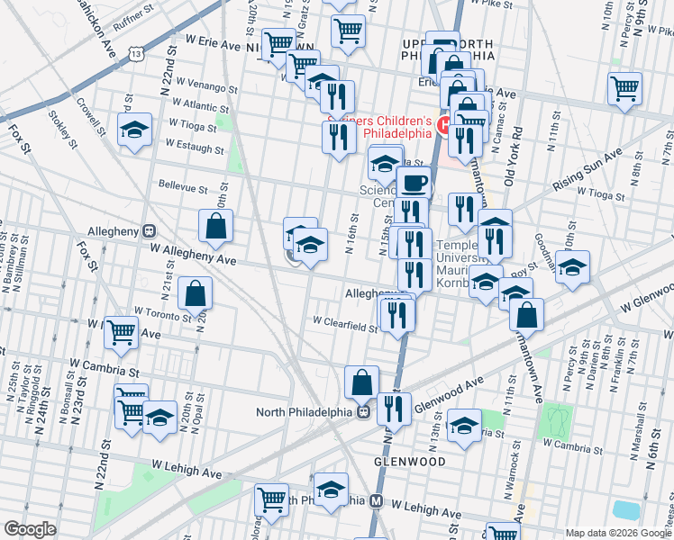 map of restaurants, bars, coffee shops, grocery stores, and more near 1605 West Allegheny Avenue in Philadelphia