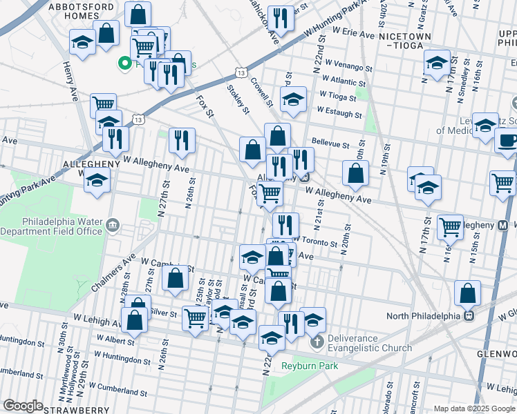 map of restaurants, bars, coffee shops, grocery stores, and more near 2301 West Clearfield Street in Philadelphia