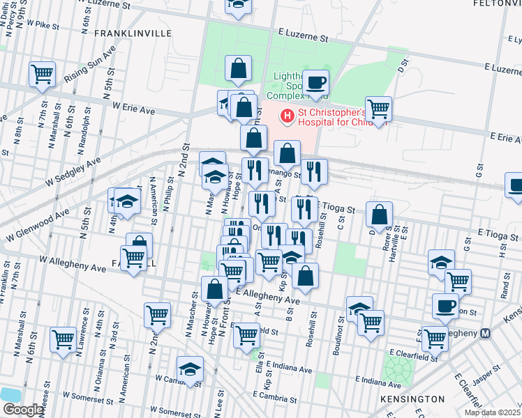 map of restaurants, bars, coffee shops, grocery stores, and more near 3442 North Water Street in Philadelphia