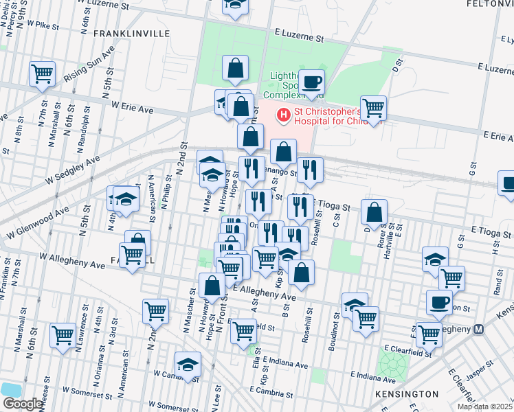 map of restaurants, bars, coffee shops, grocery stores, and more near 3442 North Water Street in Philadelphia