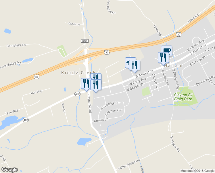 map of restaurants, bars, coffee shops, grocery stores, and more near 513 West Market Street in Hallam