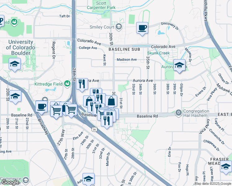map of restaurants, bars, coffee shops, grocery stores, and more near 775 30th Street in Boulder