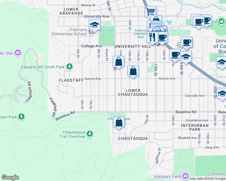 map of restaurants, bars, coffee shops, grocery stores, and more near 875 Cascade Avenue in Boulder