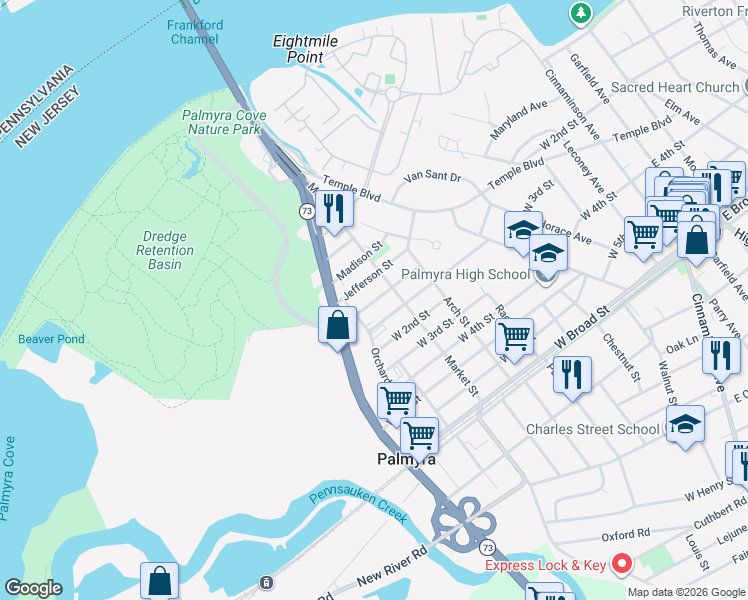 map of restaurants, bars, coffee shops, grocery stores, and more near 611 Front Street in Palmyra