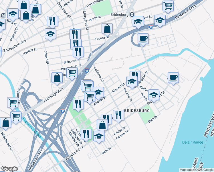 map of restaurants, bars, coffee shops, grocery stores, and more near 2537 Lefevre Street in Philadelphia